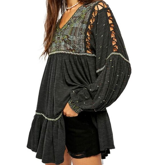 Free People Tops - 🌸Free People Much Love Balloon Sleeve Embroidered Crochet tunic Top dress XS